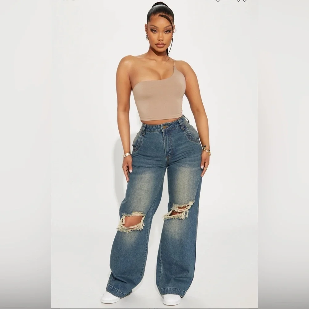 Fashion Nova Drew Drop Waist Baggy Jeans - Dark Wash